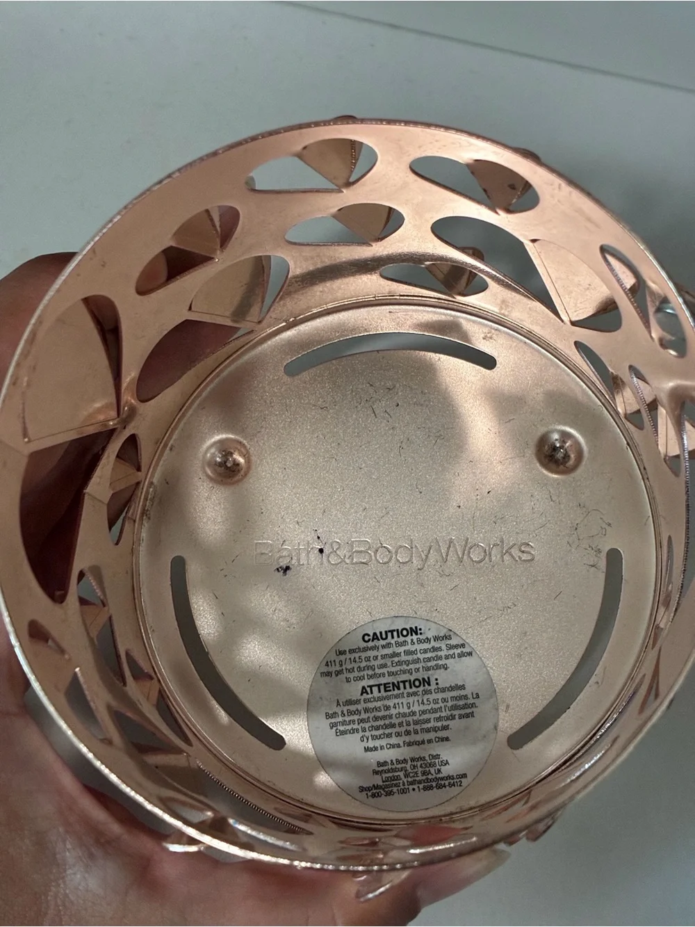 Bath & Body Works Rose Gold 3D Cutout Heart Design Metal 3- Wick Candle Sleeve
